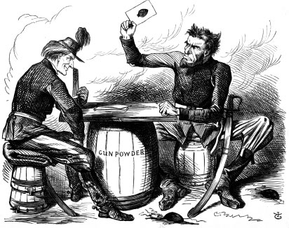 Abe Lincoln’s Last Card, a cartoon in the English magazine Punch, depicts the Preliminary Emancipation Proclamation as the last card of a desperate gambler. (Chicago Historical Museum, ICHi-22094)