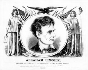 An 1860 campaign placard. The images and text emphasize Lincoln’s commitment to justice, the Union, the Constitution, and liberty. (Courtesy of the Library of Congress)