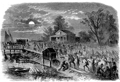 Stampede of Slaves from Hampton to Fortress Monroe, a depiction of slaves seeking refuge at the Virginia fort where General Benjamin F. Butler initiated wartime emancipation by declaring fugitives “contraband of war” and refusing to return them to their owners. (Provided courtesy HarpWeek, LLC.)

