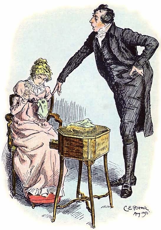 Color illustration of a tall, imposing man in a suit and tails leaning over a girl of about twenty who is looking down and sewing, like she's trying to pretend everything's fine. He has one hand on the back of her chair and has the expression of a know-it-all, lecturing a very dull person. There is a little sewing table in front of her and a little red padded footstool that the tips of her tiny feet can be seen resting on as they peek out from under her long pink-red dress. C. E. Brock illustration for the 1895 edition of Jane Austen's novel Pride and Prejudice (Chapter 19) Mr Collins' proposal